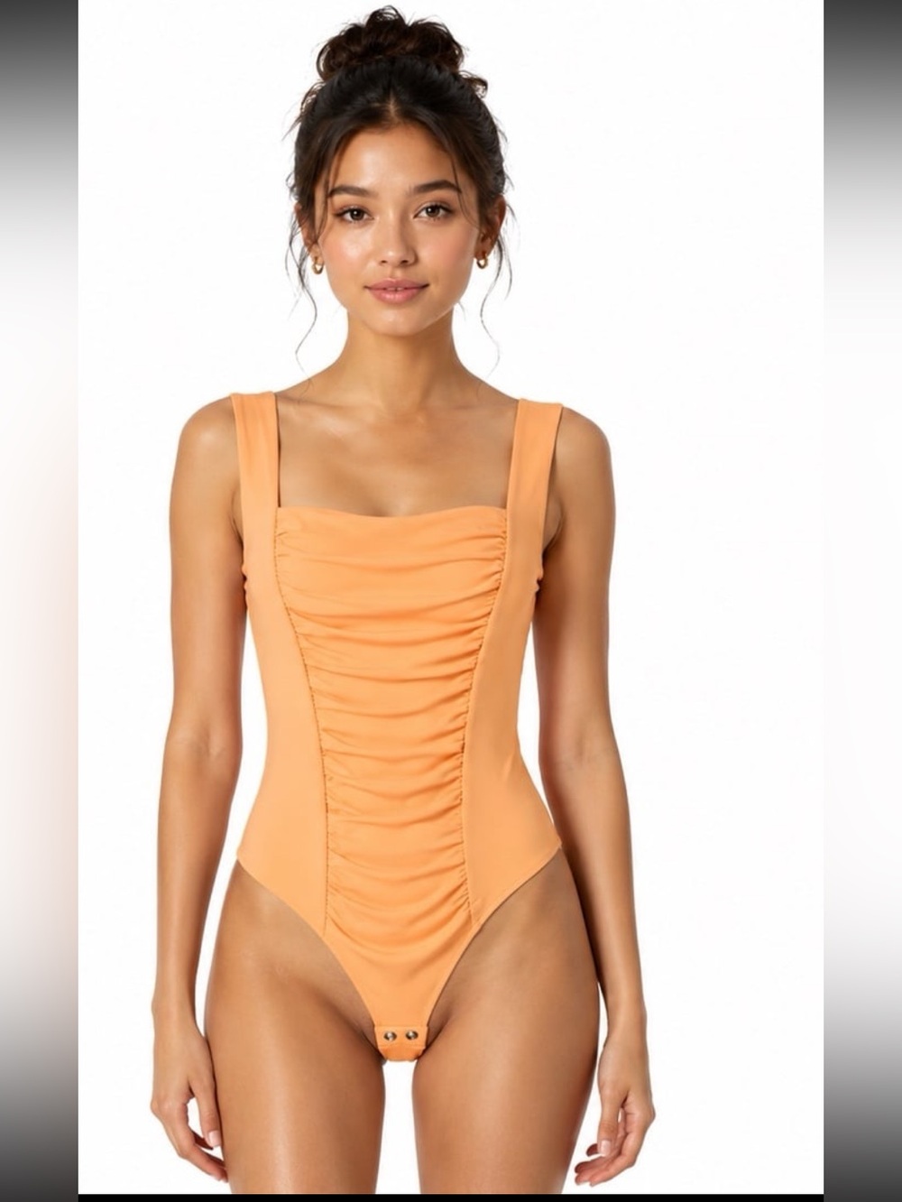 REORIA Women's Square Neck Body Suit Sleeveless Sexy Mesh Ruched Peach NWT S